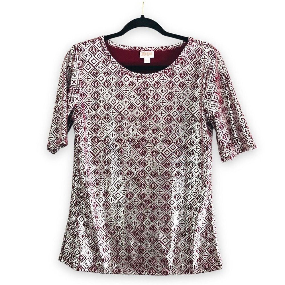 Lularoe Elegant‎ Gigi Size Large Shirt Red Silver Aztec Pattern Rare Holiday